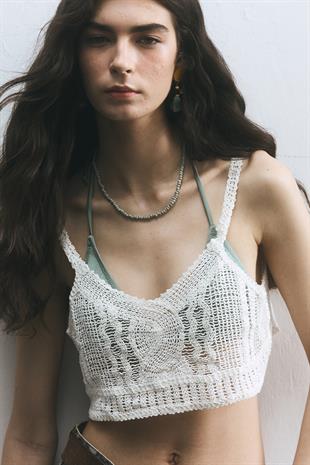 Ekru Bağcıklı Crop Top
