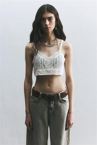 Ekru Bağcıklı Crop Top