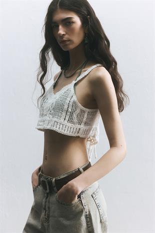 Ekru Bağcıklı Crop Top