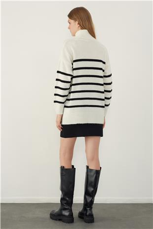 Ecru Turtle Neck Striped Basic Knitwear Sweater