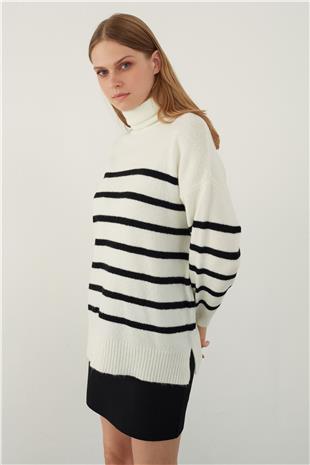 Ecru Turtle Neck Striped Basic Knitwear Sweater