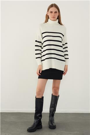 Ecru Turtle Neck Striped Basic Knitwear Sweater