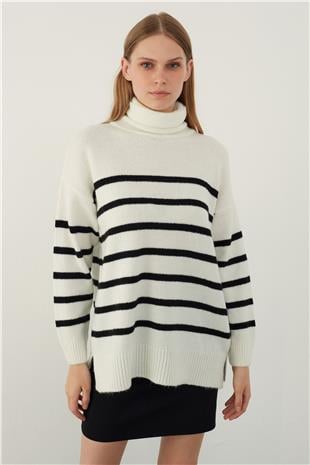 Ecru Turtle Neck Striped Basic Knitwear Sweater