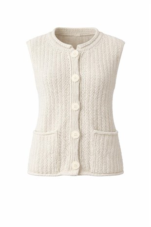 Ekru Bisiklet Yaka Triko Hırka (yelek)