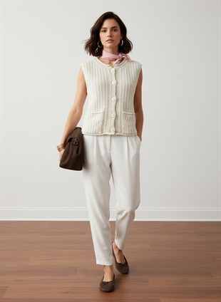 Ekru Bisiklet Yaka Triko Hırka (yelek)