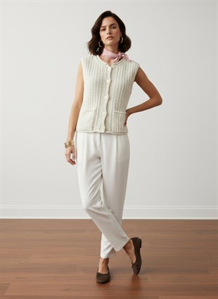 Ekru Bisiklet Yaka Triko Hırka (yelek)