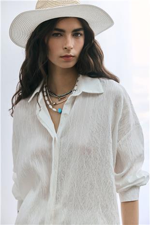 Ekru Buruşuk Görünümlü Gömlek