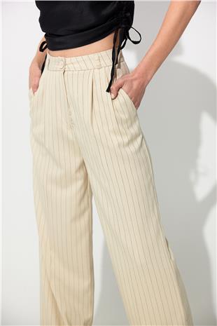  Ecru Striped Wide Leg Pleated Fabric Trousers SS23P4732EK