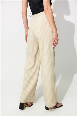  Ecru Striped Wide Leg Pleated Fabric Trousers SS23P4732EK