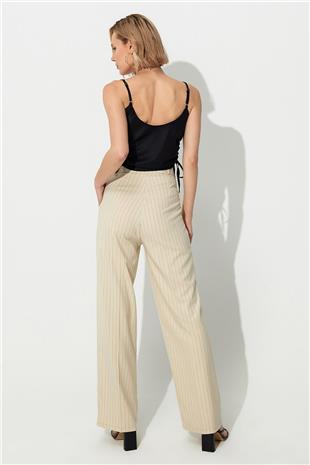  Ecru Striped Wide Leg Pleated Fabric Trousers SS23P4732EK