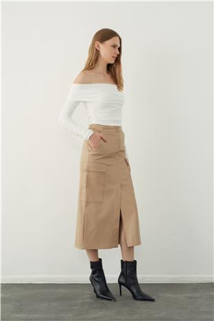 Leather look midi skirt with pocket detail
