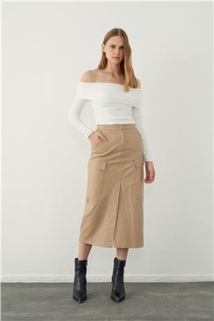 Leather look midi skirt with pocket detail