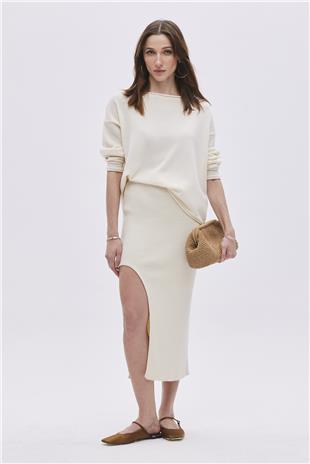 Ecru Deep Slit Midi Knitwear Skirt