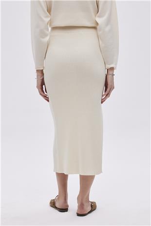 Ecru Deep Slit Midi Knitwear Skirt