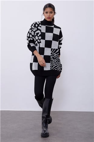Ekru Desenli Oversize Triko Kazak