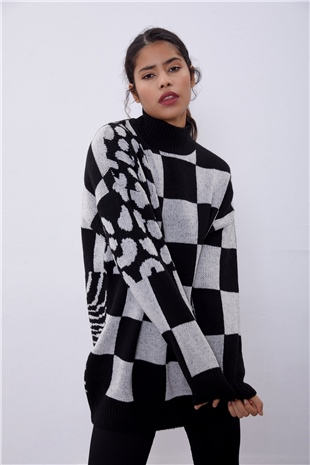 Ekru Desenli Oversize Triko Kazak