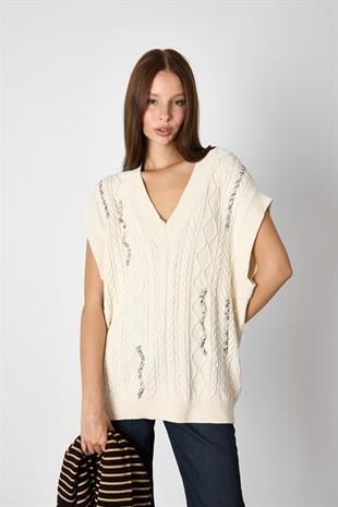 Ekru Desenli Oversize Triko Süveter
