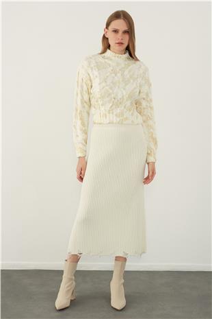 Ecru Funnel Neck Foil Printed Knitwear Sweater