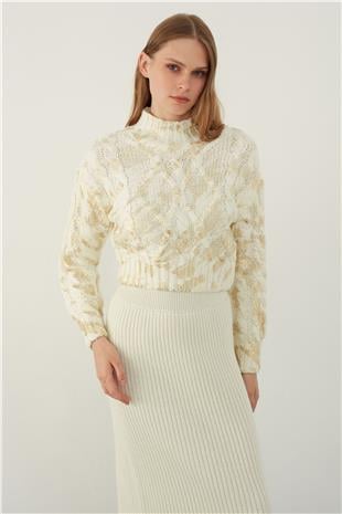 Ecru Funnel Neck Foil Printed Knitwear Sweater