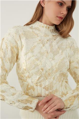 Ecru Funnel Neck Foil Printed Knitwear Sweater