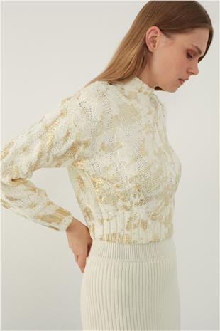 Ecru Funnel Neck Foil Printed Knitwear Sweater