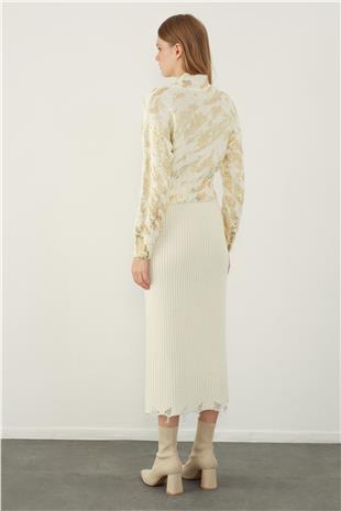 Ecru Funnel Neck Foil Printed Knitwear Sweater