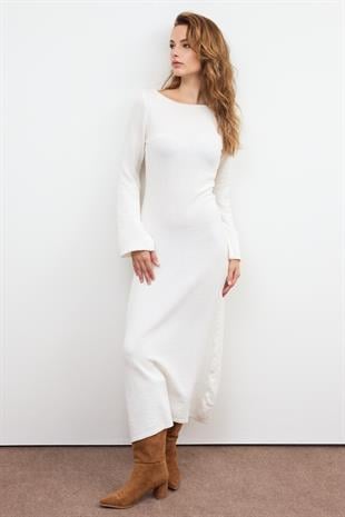 Ekru DOKULU TRİKO ELBİSE