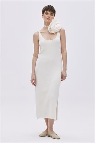 Ecru Textured Long Knitwear Dress