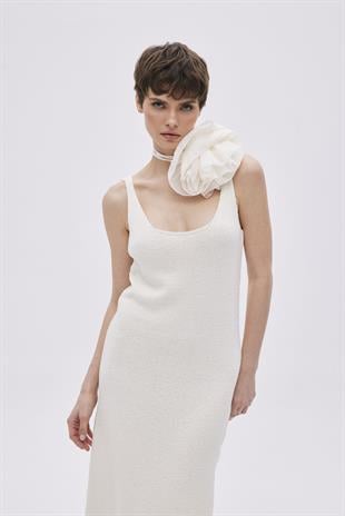 Ecru Textured Long Knitwear Dress