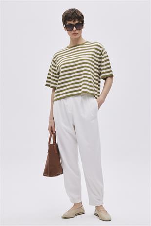 Ecru Button Detailed High Waist Trousers
