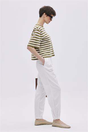 Ecru Button Detailed High Waist Trousers