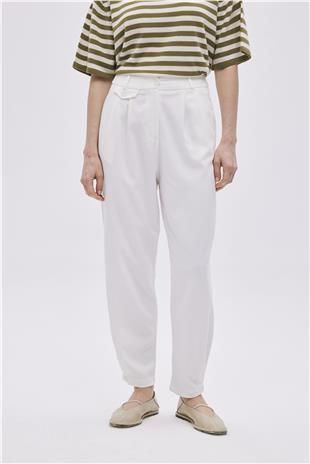Ecru Button Detailed High Waist Trousers