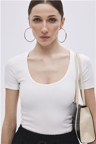 Ecru Ribbed Short Sleeve Blouse