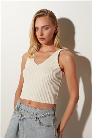 Ecru Ribbed V-Neck Knitted Bustier SS23A4778EK