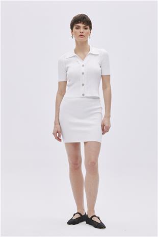 Ecru Shirt Collar Knitwear Blouse