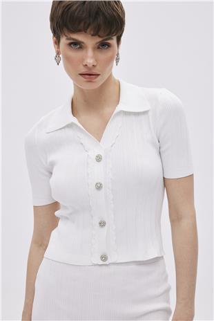 Ecru Shirt Collar Knitwear Blouse