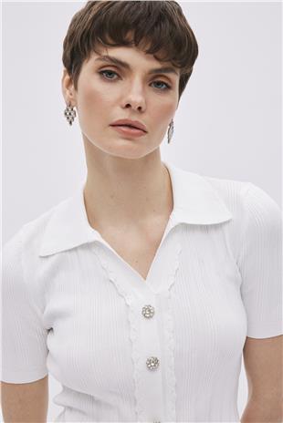 Ecru Shirt Collar Knitwear Blouse