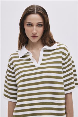 Ecru Khaki Polo Neck Striped Sweater