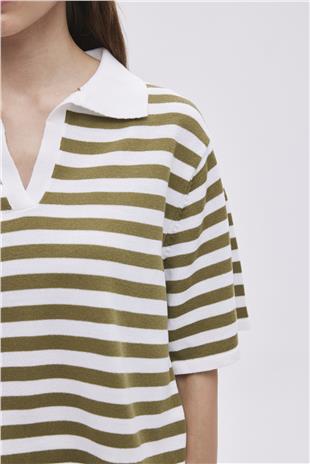 Ecru Khaki Polo Neck Striped Sweater