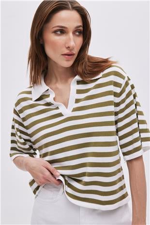 Ecru Khaki Polo Neck Striped Sweater