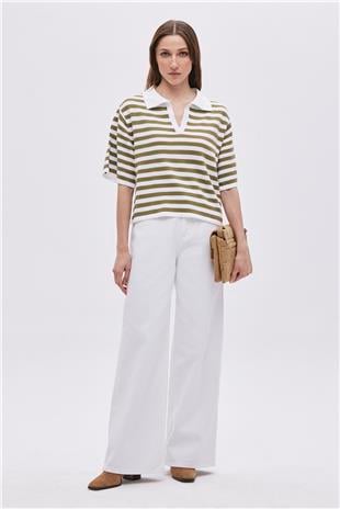 Ecru Khaki Polo Neck Striped Sweater