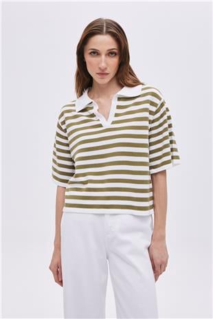 Ecru Khaki Polo Neck Striped Sweater
