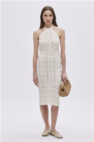 Ecru Halter Neck Midi Knitwear Dress