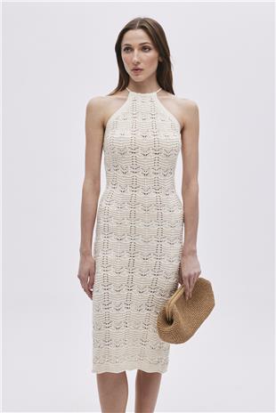 Ecru Halter Neck Midi Knitwear Dress