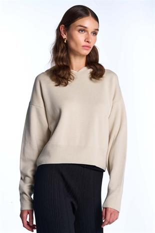 Ekru Kapüşonlu Triko Sweatshirt