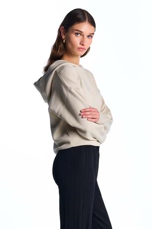 Ekru Kapüşonlu Triko Sweatshirt