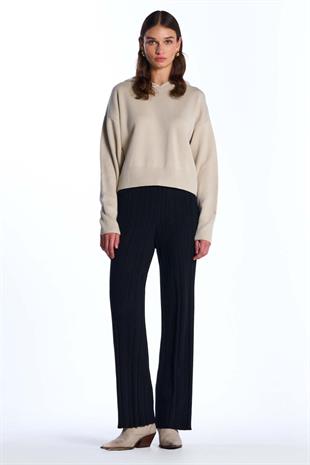 Ekru Kapüşonlu Triko Sweatshirt