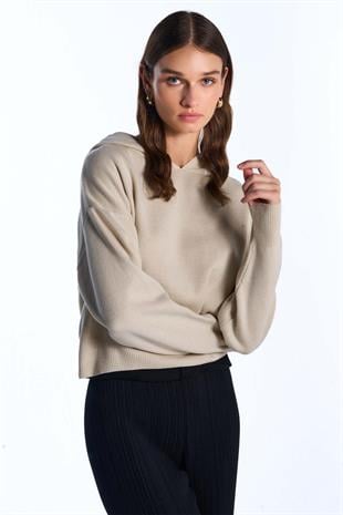 Ekru Kapüşonlu Triko Sweatshirt