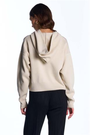 Ekru Kapüşonlu Triko Sweatshirt