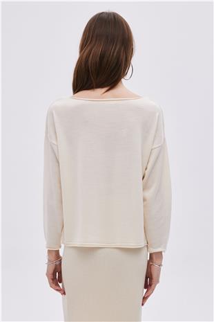 Ecru Boat Neck Basic Knitwear Sweater
